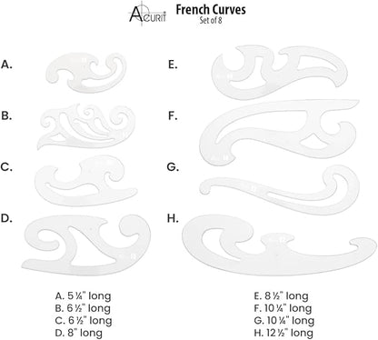 Acurit French Curve Set of 8 – Clear Plastic Drawing Templates for Sewing, Pattern Making, Drafting, Fashion Design, Architecture, Graphic Illustration – Smudge-Free Inking Edges