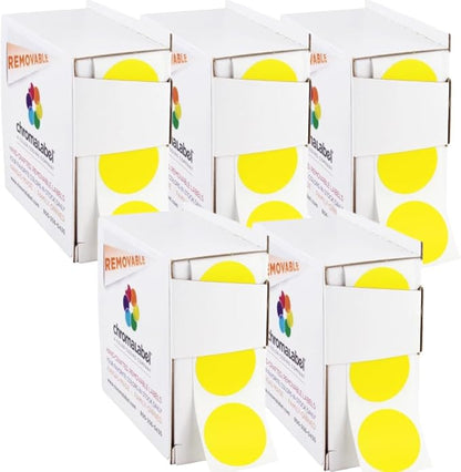 ChromaLabel 1 Inch Round Label Removable Color Code Dot Stickers, Easy to Write On Sticky Dots, 1000 Labels per Dispenser Box, Yellow - Case of 5