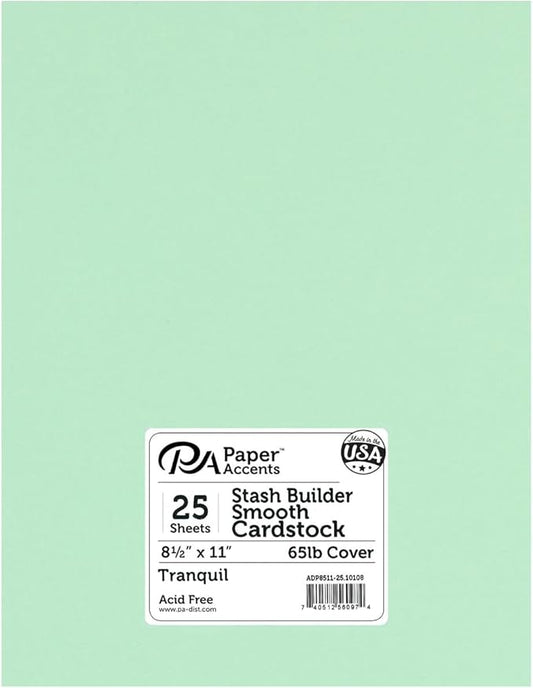 PA Paper Accents Stash Builder Cardstock 8.5" x 11" Tranquil, 65lb colored cardstock paper for card making, scrapbooking, printing, quilling and crafts, 25 piece pack