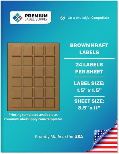 Premium Label Supply Brown Kraft Sticker Square Labels – 1.5" x 1.5" – Laser/Inkjet Compatible – (24 per Sheet), 100 Sheets – 2,400 Total Adhesive Labels