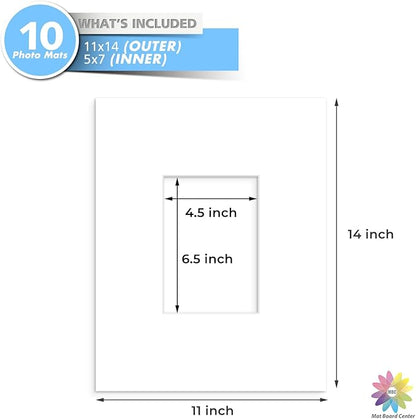 MBC Mat Board Center, 10 Pack 11x14 for 5x7 White Picture Mats Frame Mattes, Bevel Cut, Acid Free, 4-ply Thickness
