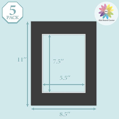 MBC Mat Board Center, 5 Pack 8.5X11 for 6X8 Black Picture Mats Frame Mattes, Bevel Cut, Acid Free, 4-Ply Thickness