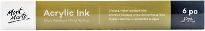 Mont Marte Acrylic Ink Premium 6pc x 20ml (0.7 US fl.oz), Acrylic Inks for Artists, Essential Colors, Ideal for Air Brush, Pouring Art, Scrapbooking, Ink Drawing, Mixed Media