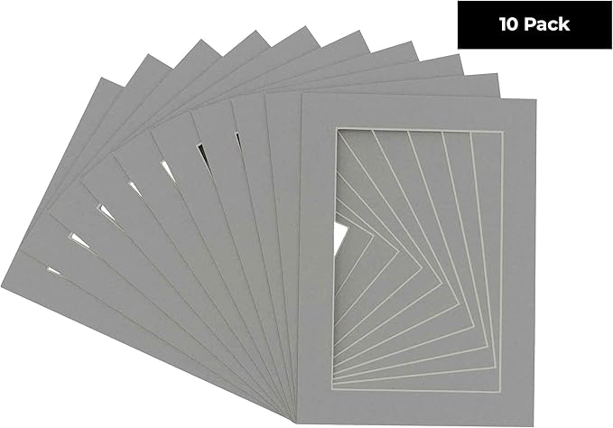 Pack of Ten Acid Free 8x10 Mats Bevel Cut for 5x8 Photos - Mid Grey Precut Matboards With Backing Boards and Self Seal Photo Mat Bags For Pictures, Photos, Framing - 4-ply Thickness
