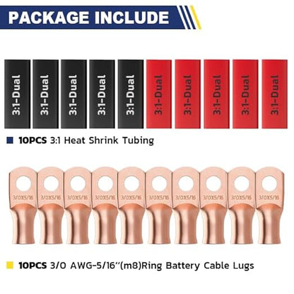 haisstronica 10pcs 3/0 AWG - 5/16"(M8) Battery Cable Lugs, Heavy Duty Copper Wire Lugs with 10pcs 3:1 Adhesive Heat Shrink Tubing, 000 Gauge Wire Lugs, Battery Terminal Connector, Battery Cable Ends