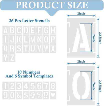 2 Inch 42 Pcs Reusable Letter Number Symbol Stencils, Plastic Painting Templates for Wood Wall Fabric Rock Chalkboard Signage School Door Porch DIY Art Craft Decoration Projects