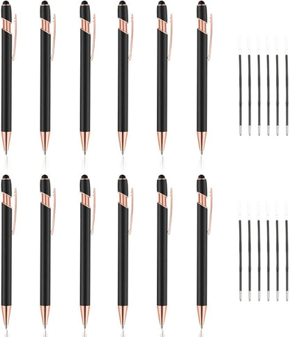 12 PCS 2 in 1 Stylus Ballpoint Pen with Stylus Tip, 1.0 mm Black Ink Metal Pen Stylus Pen for Touch Screens (Rose Gold & Black)