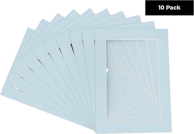 Pack of TEN 8x10 Mats Bevel Cut for 5.5x8.5 Photos - Acid Free Baby Blue Precut Matboards For Pictures, Photos, Framing - 4-ply Thickness