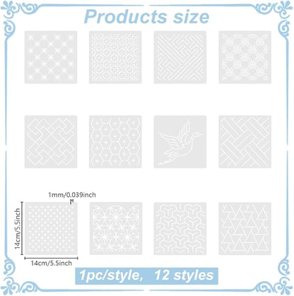 FREEBLOSS Embroidery Stencils - Geometric Sashiko Patterns - Acrylic 14x14cm