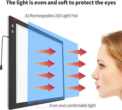 Rechargeable A2 Light Box (23.7"x15.8"), 3-Color Light LED Light Pad for Tracing, Large Diamond Painting Light Board, 6 Levels/Stepless Dimming Light Table for Drawing, Sketching, Animation