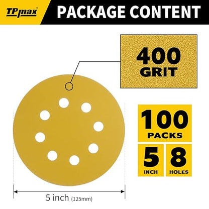 100PCS 5 Inch 400 Grit 125mm 8 Hole Sanding Discs Sandpaper - Premium Gold Round Hook and Loop for Random Orbital Sander - Ideal for Wood, Metal, Automotive