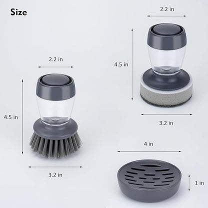 Dish Brush with Soap Dispenser, Kitchen Scrub Brush for Dishes Pots Pans Sink Cleaning, Dish Scrubber with Holder Set (Grey 2-Pack Combo Set)