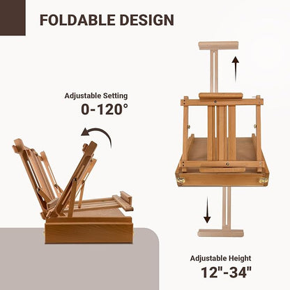 Large Sketchbox Table Top Easel with Dual Dawers- Adjustable Solid Beech Wood Artist Desktop Easel with Storage Holds Canvas up to 34'' High, for Markers, Sketch or Draw