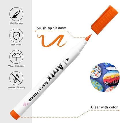 Arrtx Acrylic Paint Pens, 58 Colors for Rock Painting, Extra Brush Tip, Water Based Paint Markers for Stone, Glass, Easter Egg, Wood and Fabric Painting-No Toxic,No Odor-Type 30A+B