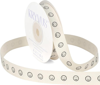 Smiley Faces Ribbon - 5/8 Inch x 12 Yards Natural Twill Tape Ribbon, Cotton Herringbone Ribbons for Gift Wrapping, Birthdays, Weddings, Christmas, Anniversaries, Valentine's Day, Mother's Day