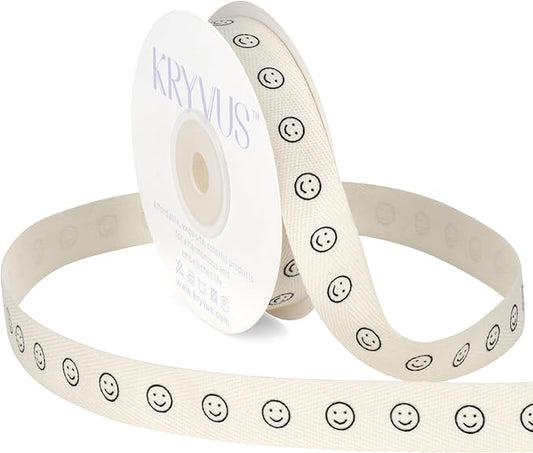 Smiley Faces Ribbon - 5/8 Inch x 12 Yards Natural Twill Tape Ribbon, Cotton Herringbone Ribbons for Gift Wrapping, Birthdays, Weddings, Christmas, Anniversaries, Valentine's Day, Mother's Day