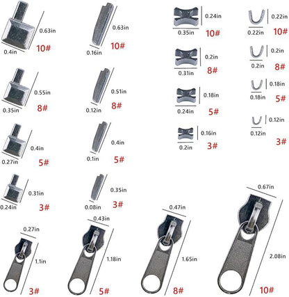 Platinum 48-Piece Metal Zipper Repair Accessories Set - DIY Sewing Kit with Zipper Head Slider, Retainer Box, Insert Pin, Top & Bottom Stoppers for 3# 5# 8# 10# Zippers