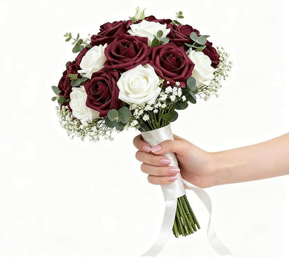 Artificial Flowers Foam Fake Roses 25pcs Dark Red Roses with Stems for Home Decor DIY Wedding Bouquets Party Bridal Shower Centerpieces Faux Flower Arrangements Tables Decorations