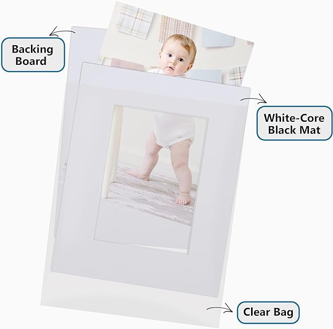 Somime 10 Pack White Photo Board 11x14 Mat for 8.5x11 Photo Mat, White Core Bevel Cut 11x14 Matted Picture Frame Mat Kit Includes 10 Pre Cut Frame Mats & 10 Acid Free Backers & 10 Clear Seal Bags