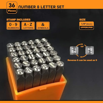 OWDEN Professional 36Pcs. Steel Metal Stamping Tool Set,(1/8”) 3mm,Steel Number and Letter Punch Set,Alloy Steel Made HRC 58-62 for Jewelry Craft Stamping.