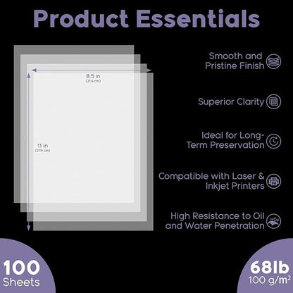 Vellum Paper 8.5 x 11 Translucent Printable, 100 Sheet（100gsm/68lb Vellum Tracing Paper, Translucent Vellum Paper for Invitation, Greeting Cards, Tracing Paper Pad for Drawing, Sketching, Writing
