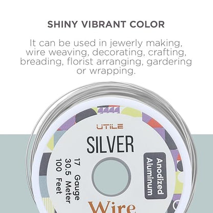 UTILE Armature Aluminum Wire 100 ft 17 Gauge 1.4 mm Anodized Craft Bendable Wire – Sculpting Metal Silver for Bonsai Trees, Clay, Crafts, Plants, Gardening, Beading and Jewelry Making (Silver)