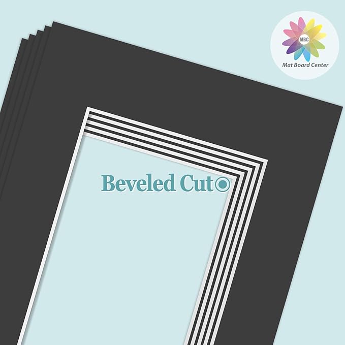 MBC Mat Board Center, 5 Pack 8.5X11 for 6X8 Black Picture Mats Frame Mattes, Bevel Cut, Acid Free, 4-Ply Thickness