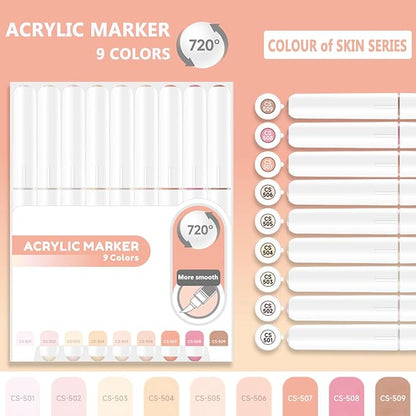 Water Based Acrylic Paint Markers, 9 Colors Acrylic Paint Pens Set with Soft Brush Tip, Marker Pen for Rock Painting, Egg, Wood, Glass, Paper, Mugs, Acrylic Painter Ink (Colour of Skin Series)