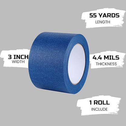 Lichamp Wide Masking Tape 3 inches, 1 Pack Blue Painters Tape Blue Masking Paper, 3 inches x 55 Yards x 1 Roll