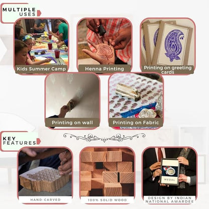 Floral Wood Printing Stamp Block for Printing Saree Border Dresses Craft Card Making Scrapbook Clay Pottery (Set of 5) Hashcart®