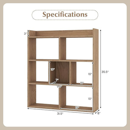 Giantex 7 Cubes Bookshelf, Free-Standing Wooden Bookcase, 4 Tier Home Display Shelf, Horizontal Storage Unit w/Anti-Toppling Devices, Open-Back Display Rack for Study, Living Room (1, Natural)