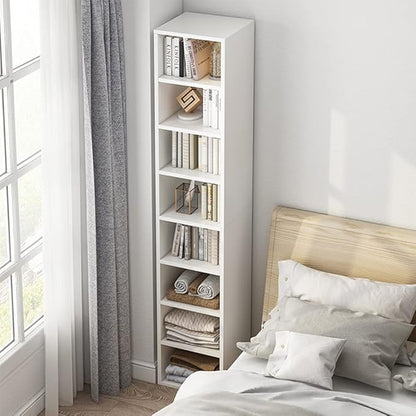 IOTXY Small Narrow Corner Bookcase - 71 Inches Tall Gap Freestanding Storage Cabinet, 8 Lattices Open Shelves Tower Rack, Cubes Bookshelf in White