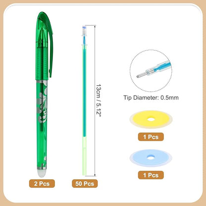 PATIKIL 2Pcs Erasable Gel Pens with 50 Refills & 2 Erasers, 0.5mm Heat Erasable Pens for Fabric Green Ink Fabric Marking Pen for Sewing Quilting Planner Writing