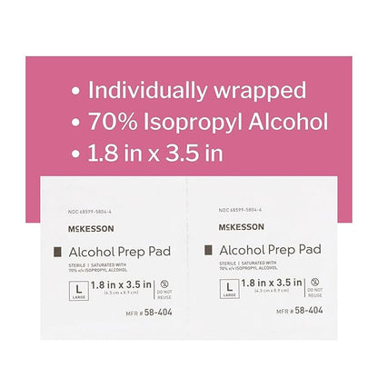 McKesson Alcohol Prep Pads [Pack of 100] 70% Isopropyl, Individually Wrapped Wipes, Sterile, Medical-Grade, First Aid, Large