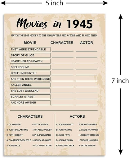 80th Birthday Party Games, Movies of 1945 Games, Birthday Party Supplies for Adults, Fun 1945s Party Game，Pack of 30 Cards