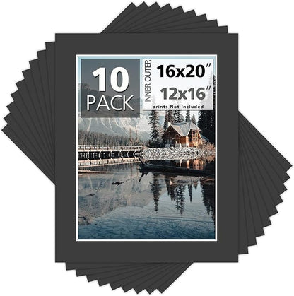 MBC Mat Board Center, Pack of 10, 16x20 for 12x16 Black Photo Picture Mats - Acid Free, 4-ply Thickness, White Core - for Pictures, Photos, Framing