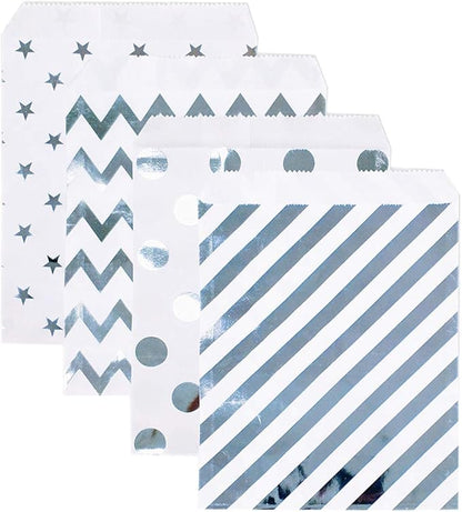 KEYYOOMY 100 Pcs Silver Candy Buffet Bags Small Cookie Bags Polka Dot Paper Treat Bag for Wedding Birthday Party (5 inch x 7 inch)