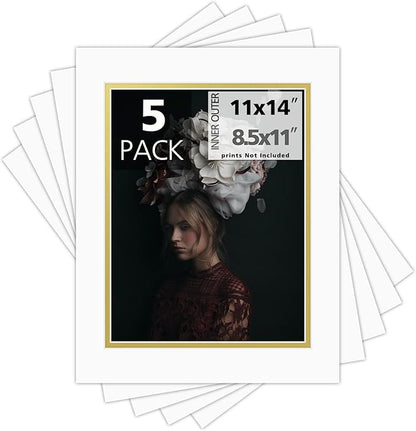 Mat Board Center, Double Mat - Acid Free, 8-ply Thickness, White Core - for Pictures, Photos, Framing (Off White Over Gold, 11x14 for 8.5x11, Pack of 5)