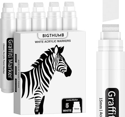 White Poster Markers Jumbo Paint Pen: 5 pcs 15mm Wide Tip Thick Acrylic Paint Pen Large Graffiti Markers for Rock Painting, Stone, Sign, Canvas, Glass, Wood, Ceramic