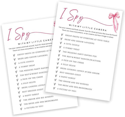 Wedding Shower Games Cards, I Spy with My Little Camera, Bridal Shower Games 25 Guests, Engagement Party Wedding Games for Guests, Pink Ribbon Bow Wedding Party Supplies - E02