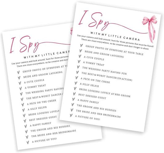 Wedding Shower Games Cards, I Spy with My Little Camera, Bridal Shower Games 25 Guests, Engagement Party Wedding Games for Guests, Pink Ribbon Bow Wedding Party Supplies - E02