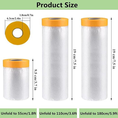 Pre-Taped Masking Film-43inx65ft Tape and Drape Painters Plastic Rolls, Plastic Painting Film for Automotive Painting Covering,Protective Drop Film for Furniture, Car, Floor (4rolls, 43in×65ft)