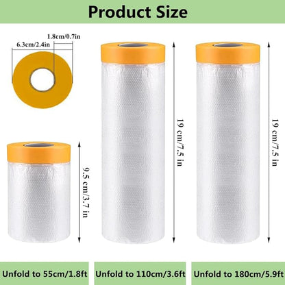Pre-Taped Masking Film-22inx65ft Tape and Drape Painters Plastic Rolls, Plastic Painting Film for Automotive Painting Covering,Protective Drop Film for Furniture, Car, Floor (4rolls, 22in×65ft)