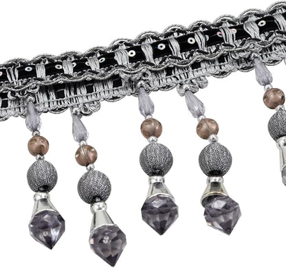 3yards Beading Fringe Trimming Long Beads Tassel Curtain Trim Ribbon Trim for Cover Edge Decorative (Gray)