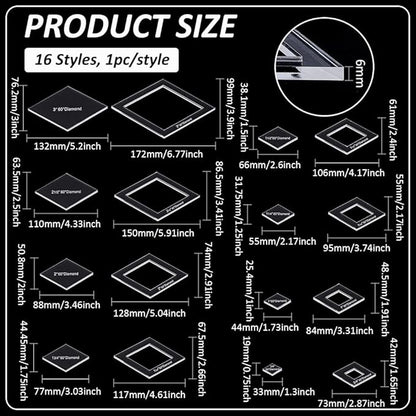 BENECREAT 16 Sizes Diamond Quilting Template, Acrylic Intricate Sewing Machine Ruler, Transparent Pressure Plate Router Template for DIY Hand Patchwork Cutting Craft, 6mm Thick