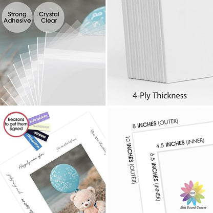 Mat Board Center, Pack of 50, 8x10 for 5x7 White Picture Mat Sets - Acid Free, 4-ply Thickness, Bevel Pre-Cut White Core - Includes Backing Boards and Clear Bags - for Pictures, Photos, Framing