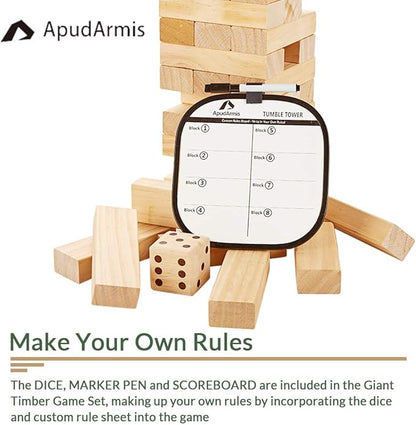 ApudArmis 60 PCS Tumble Tower, (Stack up to 5Ft) Pine Wooden Stacking Timber Game with 1 Dice Set - Classic Block Outdoor Game for Teens Adults Family