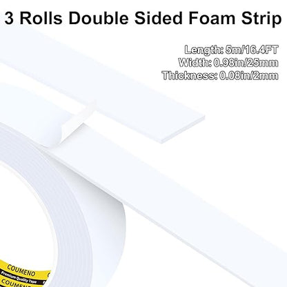 3Pack 1inX16.4FT (Total 49.2FT) Double Sided Foam Strip, EVA Foam Tape, Double Sided Sponge Adhesive Mounting Tape for Home Office Decor White