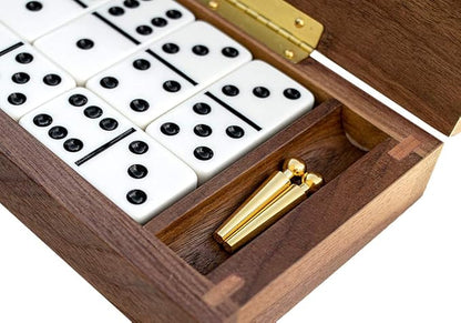 Alex Cramer Le Club Luxury Domino Set with Handcrafted Walnut Case and Cribbage/Counter Top - Tournament Quality 28 Indestructible (Domino Set with Personalized Brass Plate)