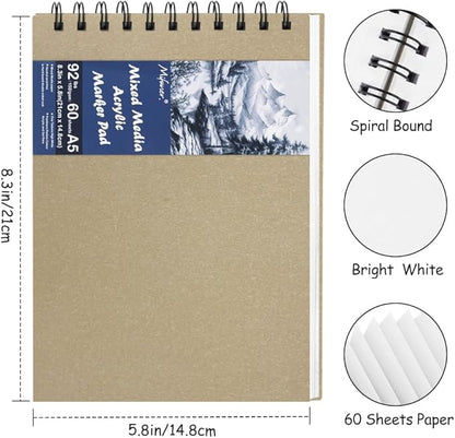 8.3x5.8 Sketch Book, Top Spiral Bound Sketch Pad, 60sheets 92lb/150gsm Bright White Paper, Acid-Free Mixed Media Paper for Painting, Dawing & Art Supplies. B-Beige